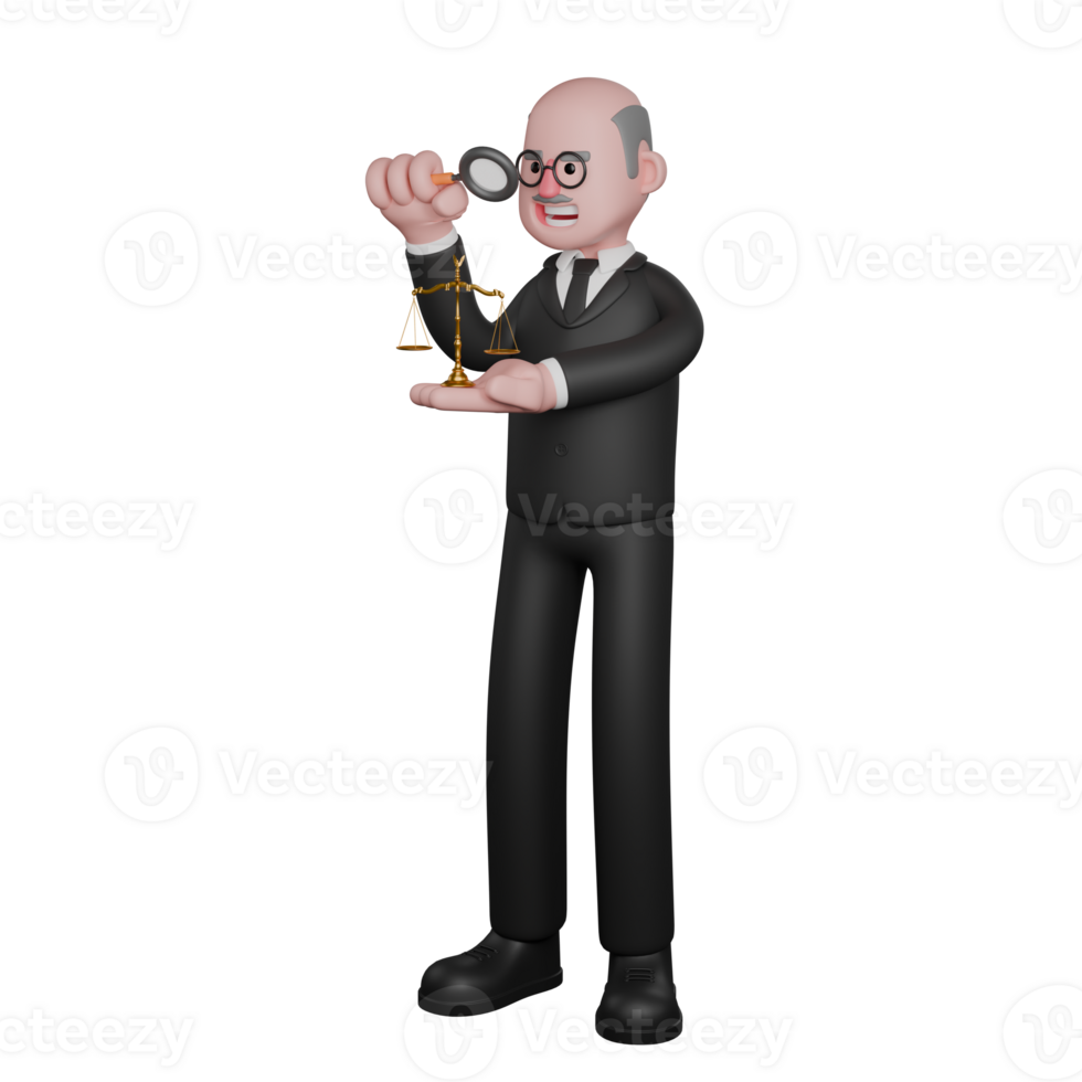 3D Male Judge in Action. A male judge is seen standing with a magnifying glass in his right hand, while in his left hand there is a legal scale, as if he were observing a legal scale. Judicial png