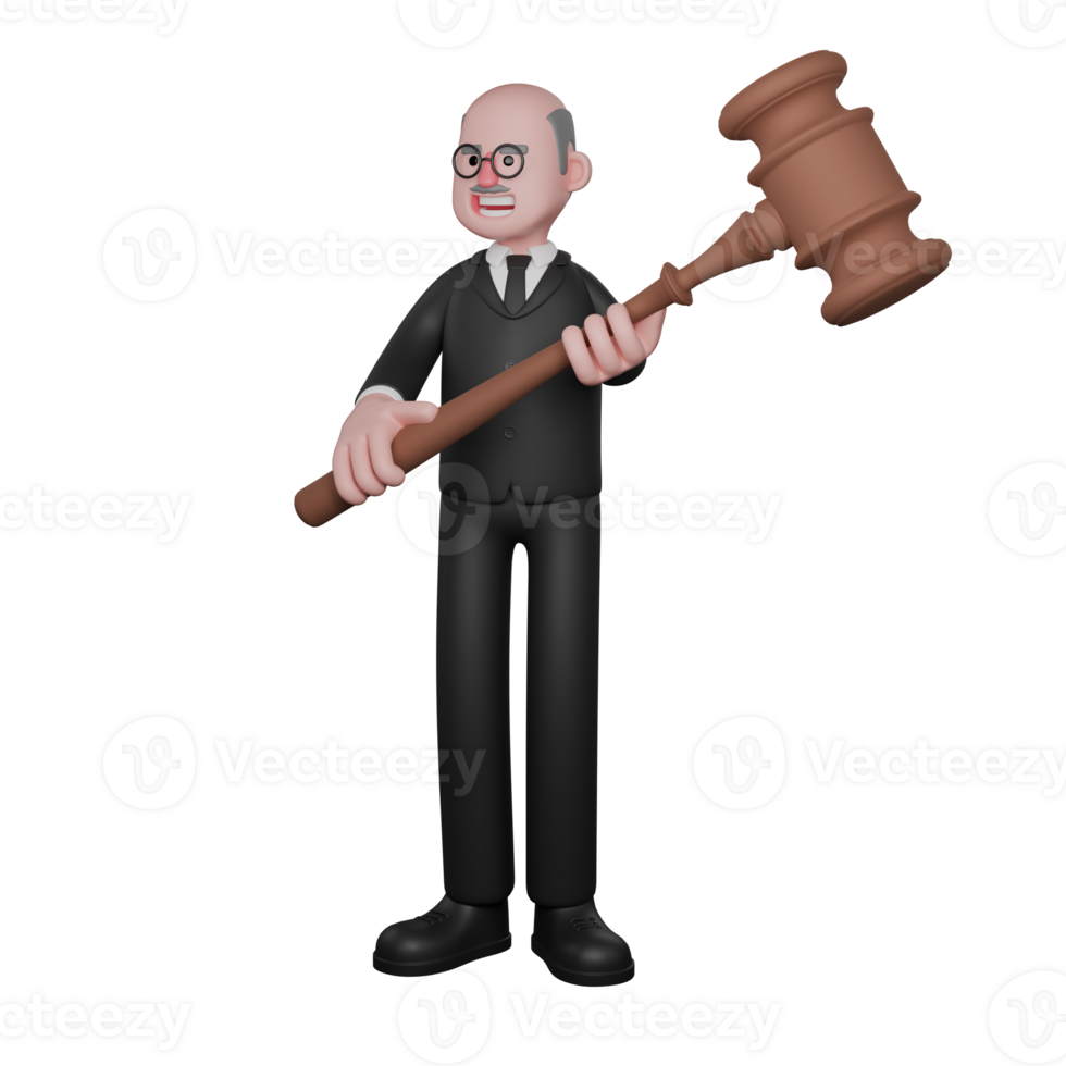 Judge in 3D. A male judge is seen standing with both hands holding a large judge's gavel. Male Professional png