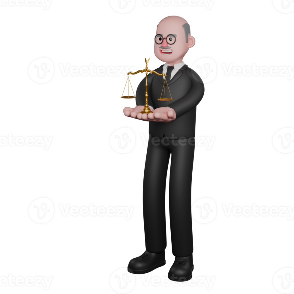 Illustrative 3D Male Judge. A male judge is seen standing with a legal scale in both hands. Professional png