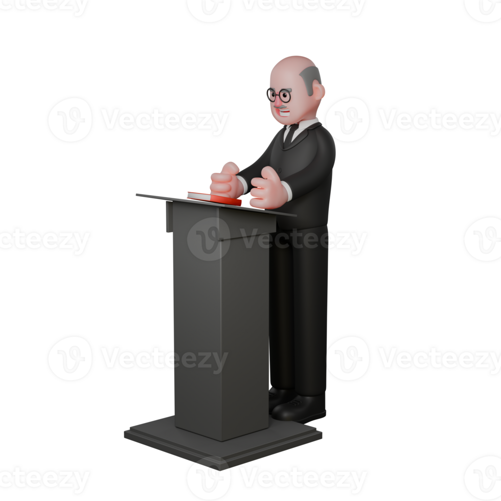 Professional Judge 3D Art. A judge stands behind the podium facing right while both hands are on the podium. Male Law Character png