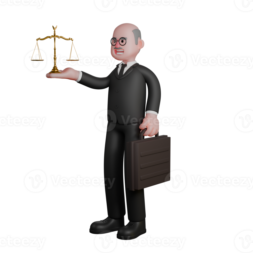 3D Judicial Enforcement Male Judge. A judge stands with his right hand holding the symbol of the scales of justice while his left hand holds a briefcase. Professional png