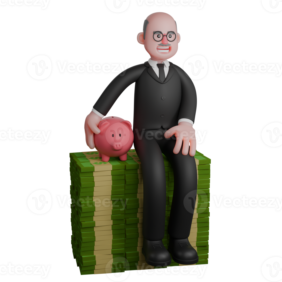 Professional Male Judge in 3D. a judge sits on a pile of money with his hand holding a piggy bank for those beside him. Courtroom Dynamics png
