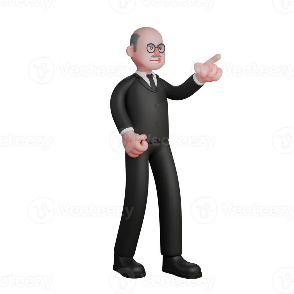 Illustrated 3D Court Judge. a judge stands with his left hand pointing forward, as if he is emotional or angry. Male Judiciary Figure png