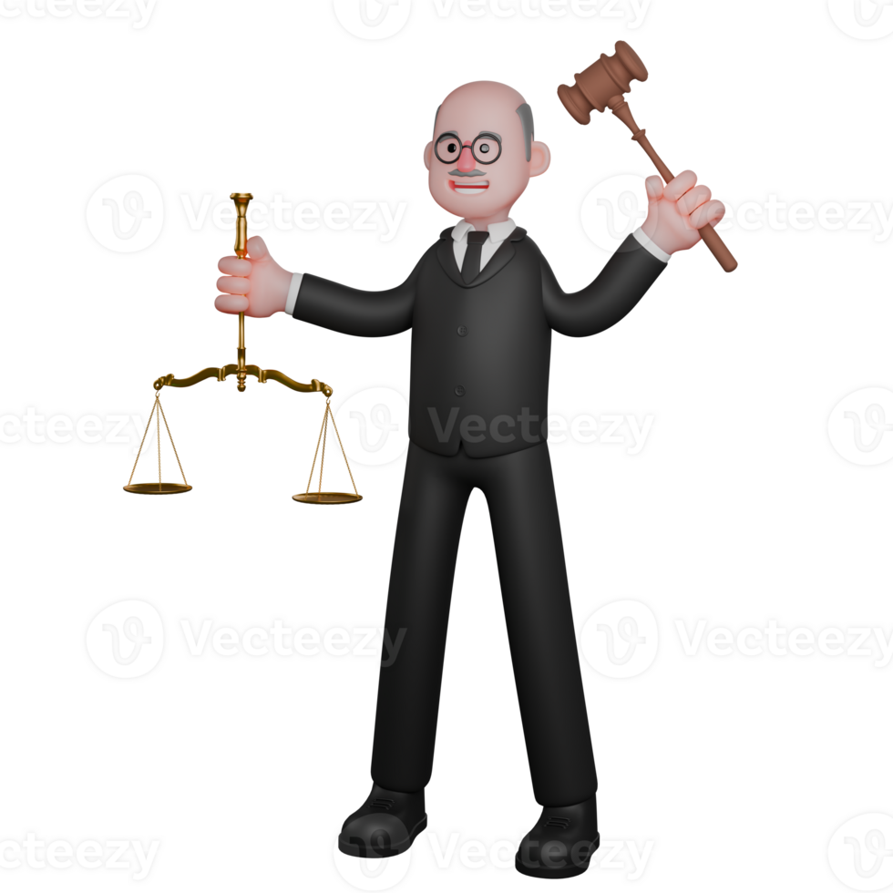 3D Legal Practitioner. A male judge is seen standing with his right hand holding a legal scale while his left hand holds the judge's hammer. Male Judge png