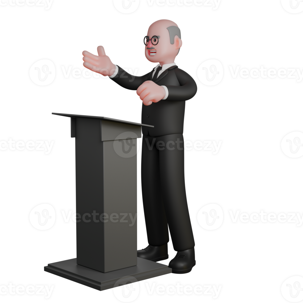 3D Male Judge Character in Action. A judge stands behind the podium with his right hand raised, as if he is presenting. Professional png