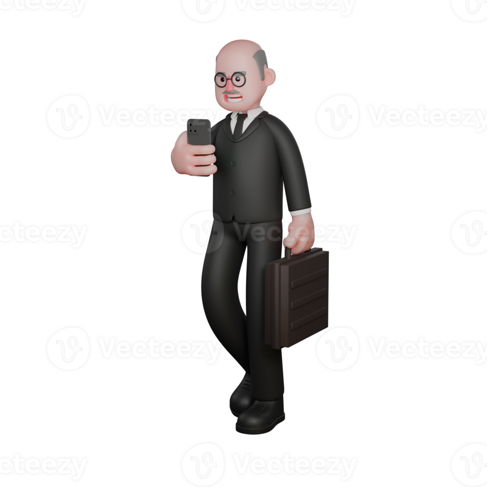 Judicial Expert 3D Model. a judge is walking with his left hand carrying a briefcase while his right hand is holding a cellphone. Judge Cartoon png