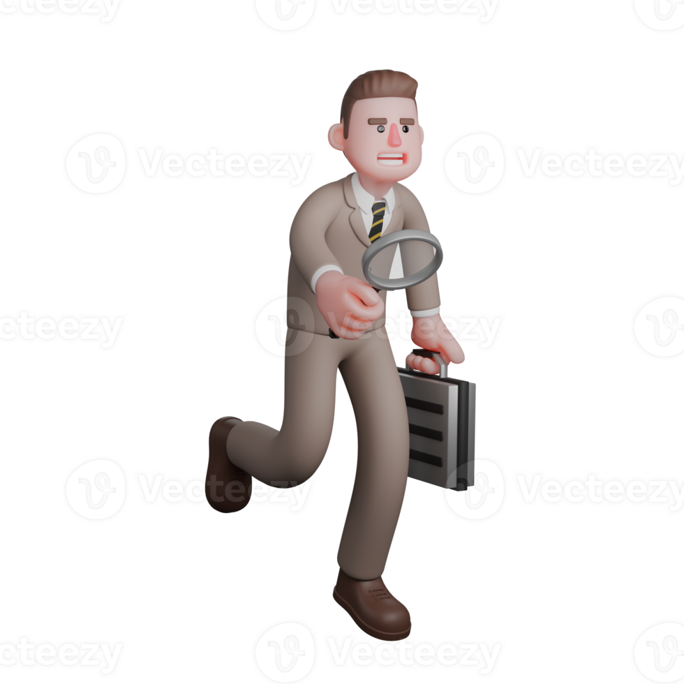 3D Male Lawyer in Professional Role. A male lawyer is running with his right hand holding a magnifying glass while his left hand holds a briefcase. Judicial Cartoon png