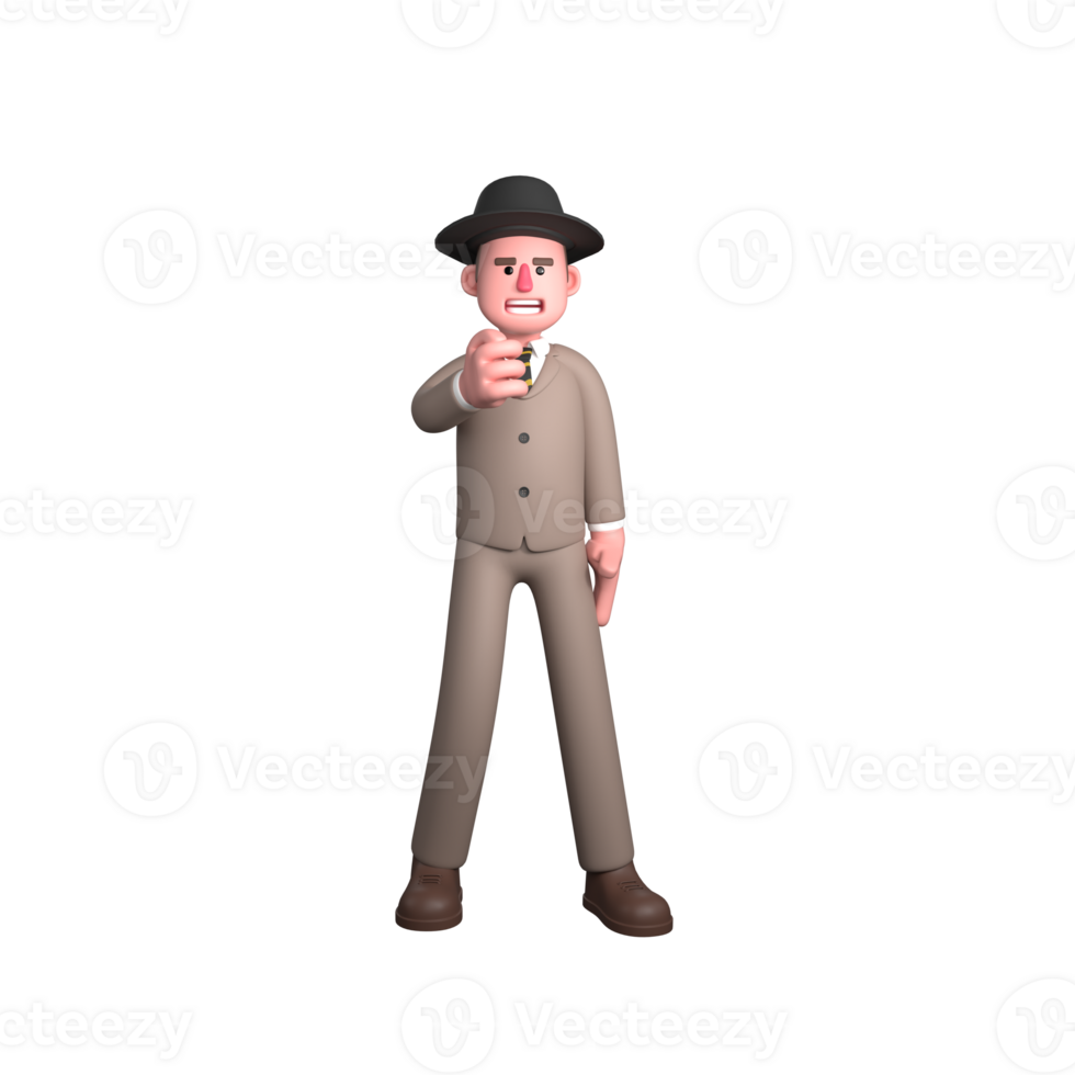 Professional 3D Male Lawyer. A male lawyer is standing wearing a black hat and clenching his right fist. Legal Character png
