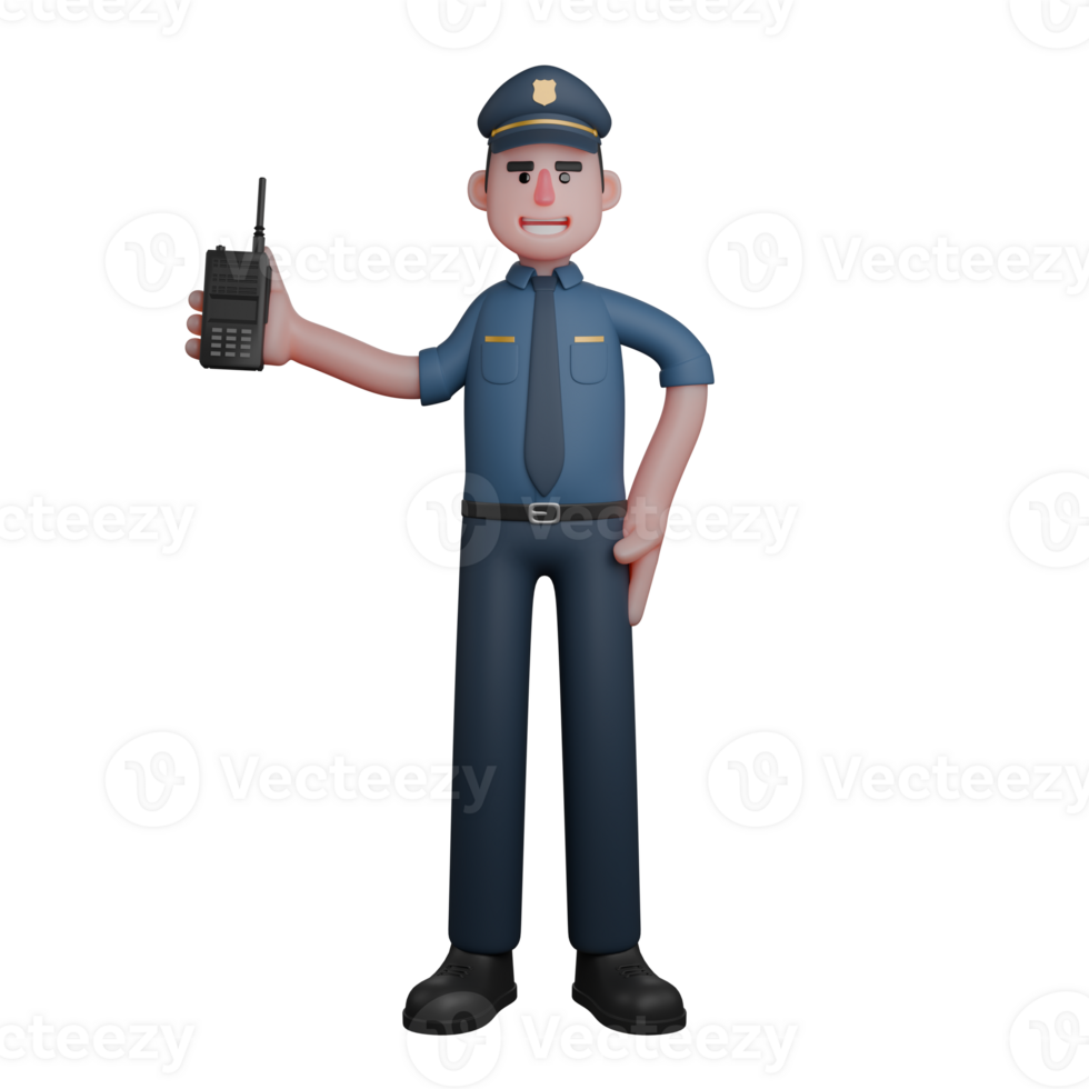 3D Professional Male Police. Policeman Ready to Communicate while holding Walkie-Talkie in his right hand, while his left hand is on his waist. Law Character png