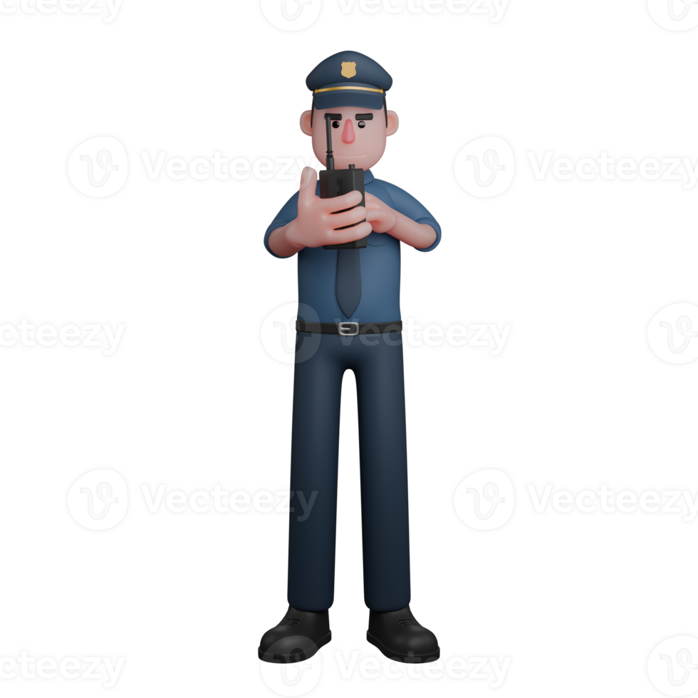 Professional Male Law Enforcer Character. A policeman with a serious expression is communicating via walkie-talkie radio with both hands clasped in front of his hands. 3D Police png
