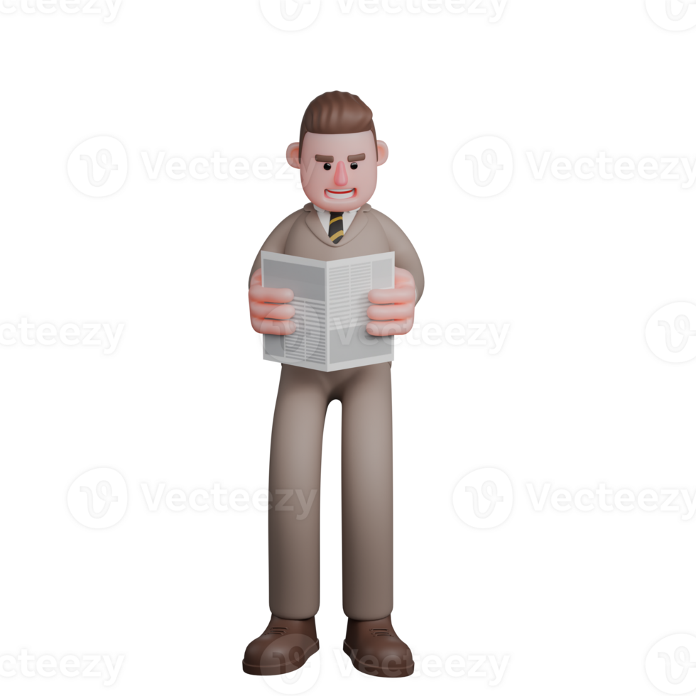 Professional Male in Law. A male lawyer is seen standing while reading a newspaper that he is holding with both hands. 3D Lawyer Cartoon png