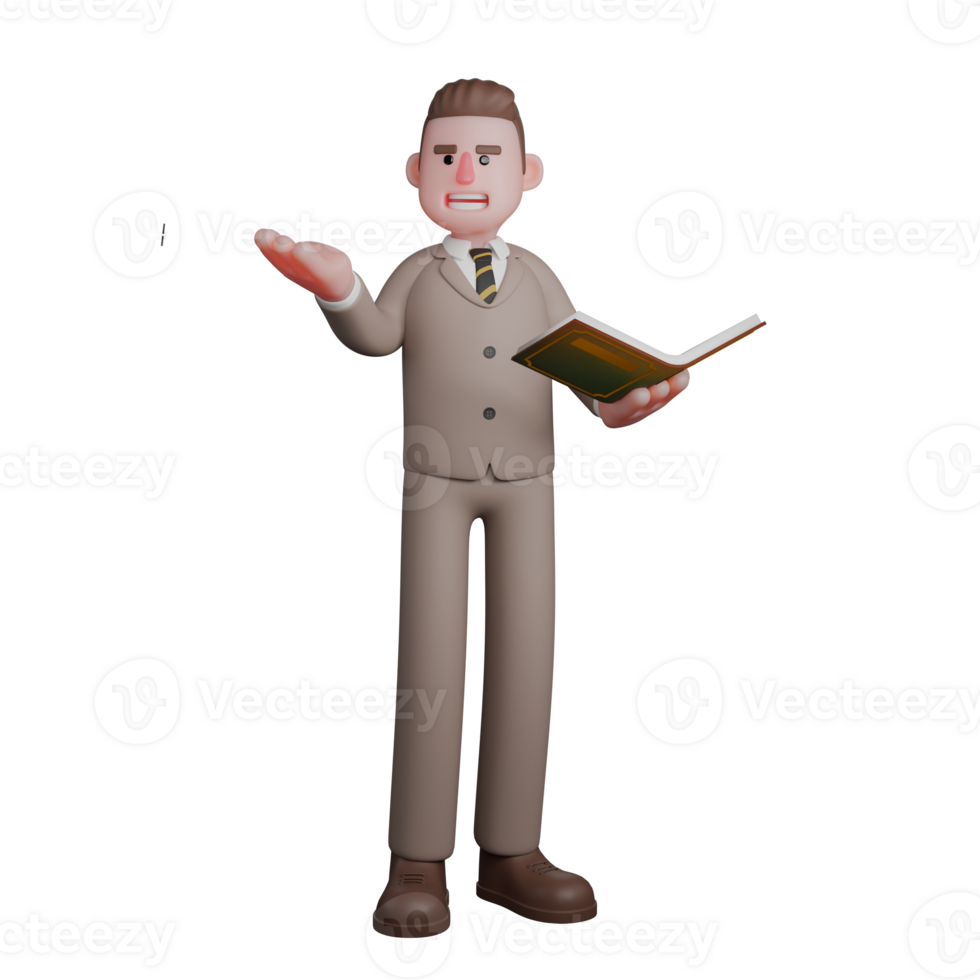 3D Male Justice Character. A male lawyer is seen standing with his left hand holding an open book while his right palm is open and raised. Professional Lawyer png