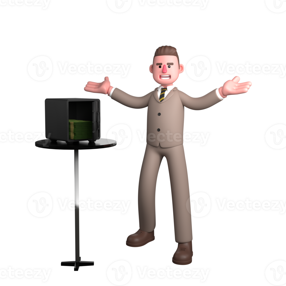 Animated Professional Lawyer. A male lawyer is standing in front of a table with a safe on it and both hands are raised up with palms facing up. 3D Male png