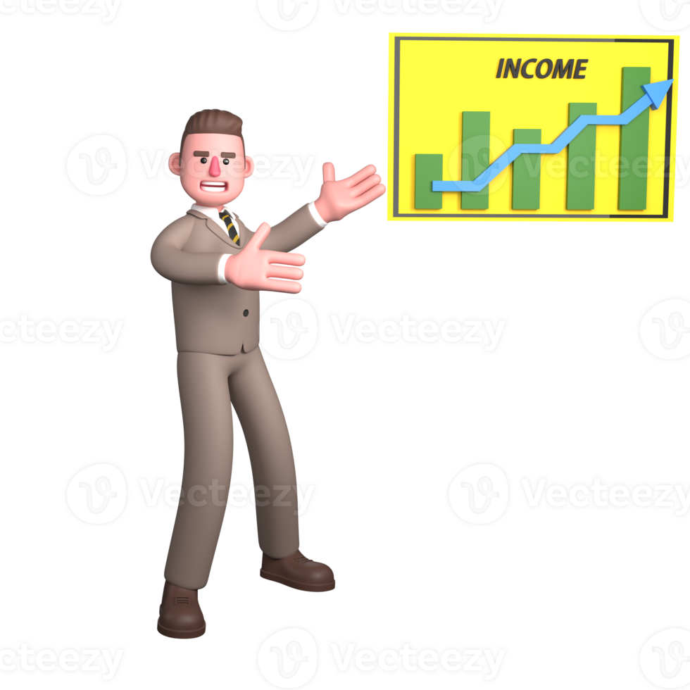 Male Legal 3D Animation. A male lawyer is standing in front of a graph chart with both hands showing a graph chart, as if he is presenting. Lawyer png
