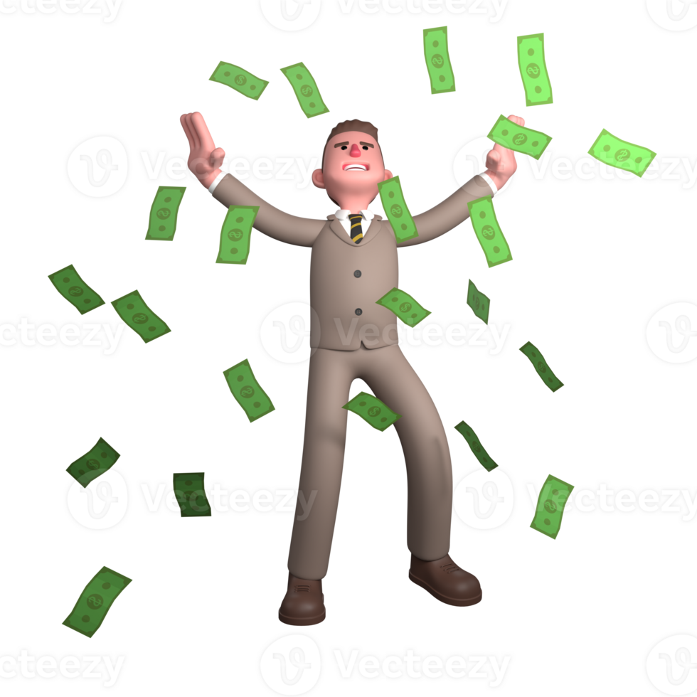 Professional Male Lawyer. A male lawyer is standing in the middle of money floating in the air with both hands raised up. 3D Legal png