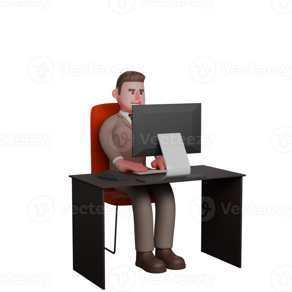Judicial illustartive. A male lawyer is seen sitting seriously working in front of his work desk monitor. 3D Male Lawyer png