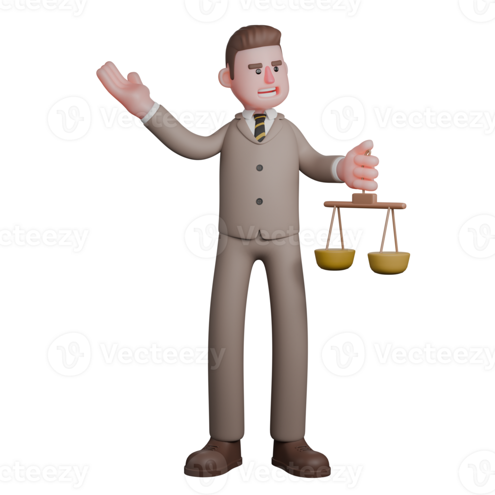 Legal Service Provider 3D. A male lawyer is standing with his left hand holding a legal scale, while his right hand is raised up. Male Lawyer Cartoon png