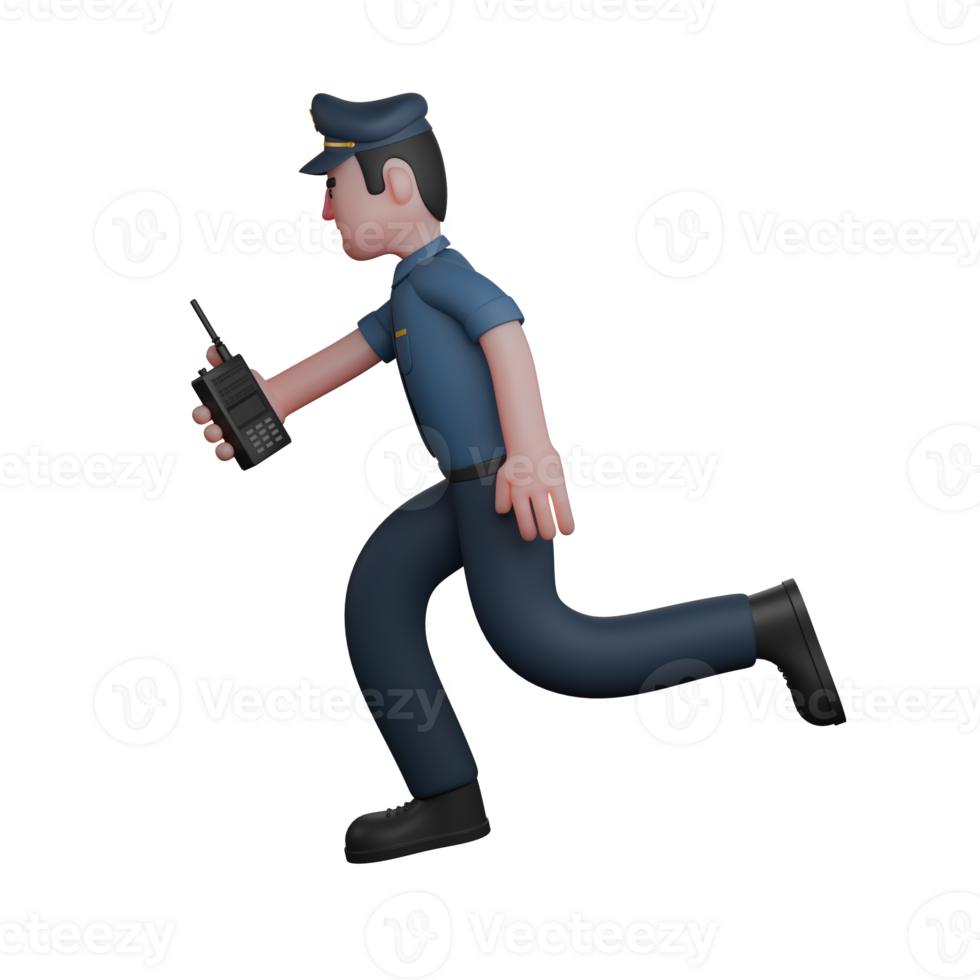 Police's Daily Routine in 3D. A police officer is running while holding a walkie-talkie in his right hand. Male Cartoon png