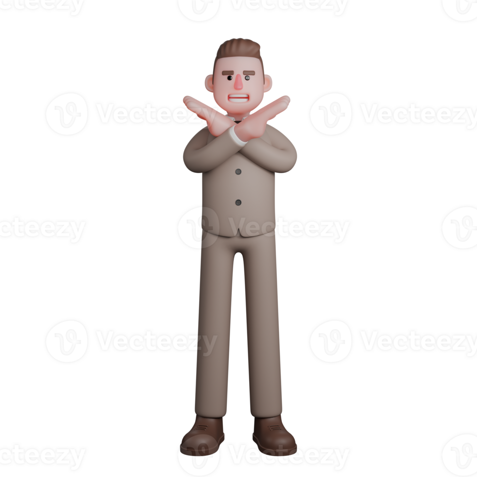 Professional Male Judicial Character. A male lawyer is standing with both arms crossed in front of his chest, as if making a stop or no symbol. 3D Lawyer png