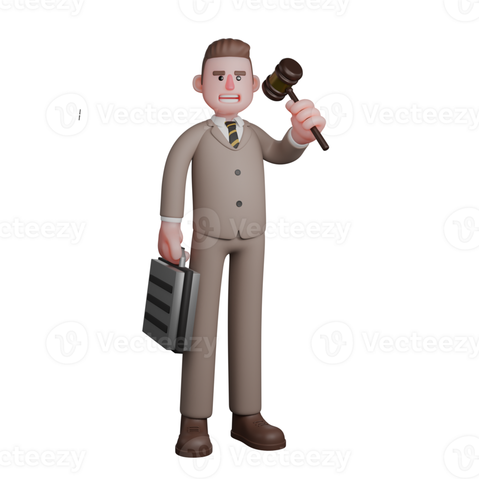 3D Judicial Lawyer Male. A male lawyer is seen standing with his left hand raised carrying a judge's hammer while his right hand is carrying a black briefcase. Professional illustrative png