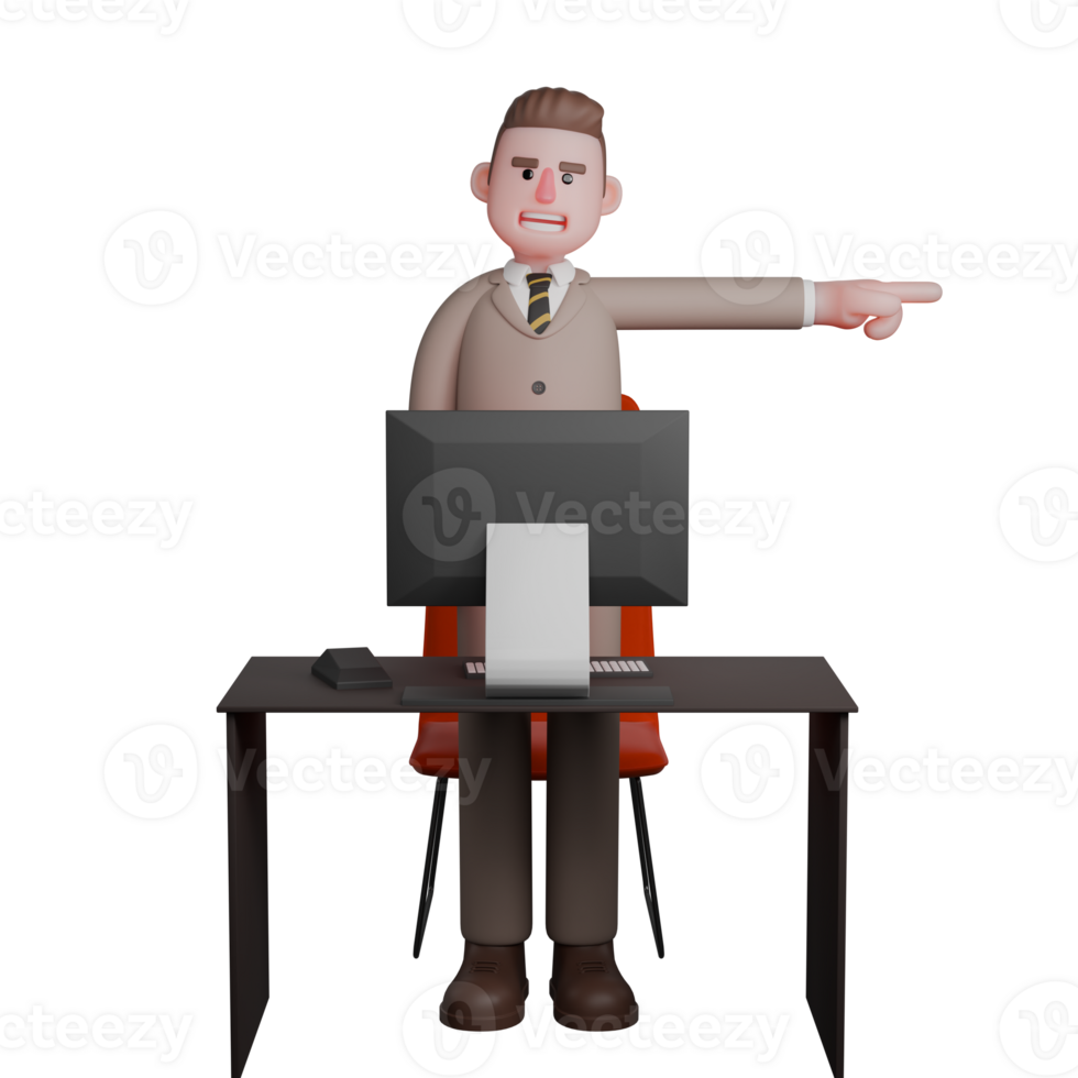 A male lawyer stands in front of his work chair with his left hand straight out to the side while pointing and in front of him is a work desk with a monitor screen on it, as if giving directions. png