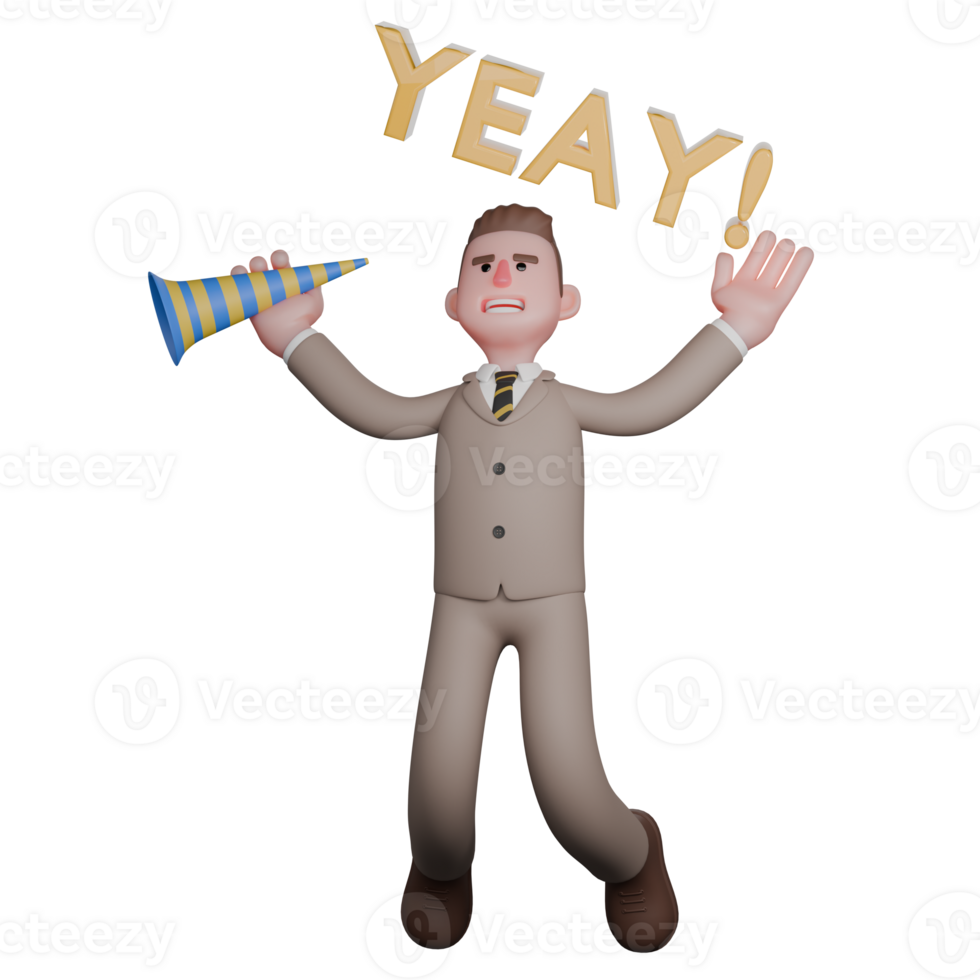 Male Lawyer 3D Model. A male lawyer is jumping with his right hand holding a trumpet and above his head is the word yeay. Litigation Environment png