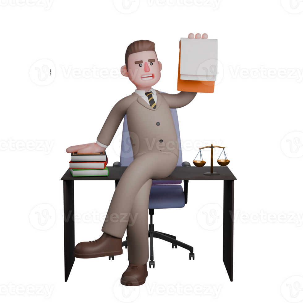 3D Lawyer. A male lawyer is sitting at his desk, on his left side there are scales and his hand is resting on some stacks of books on his right side, while his left hand shows a white sheet of paper. png