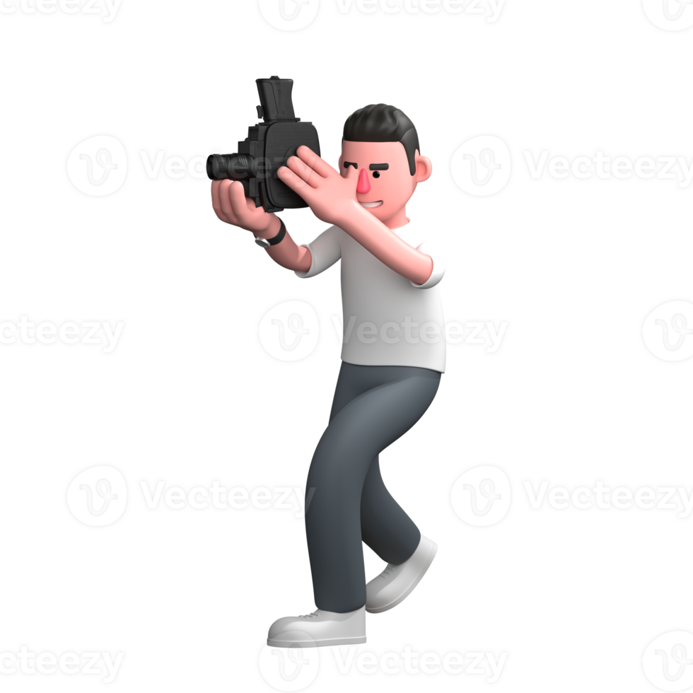 3D Professional Photographer Character . A male photographer is kneeling slightly with both hands holding an analog camera aligned with his head. Male Media Specialist png