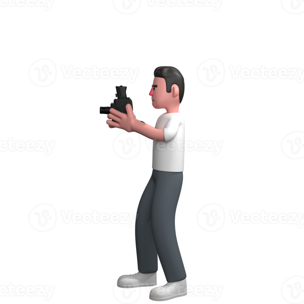 Male Photographer in Media 3D. A male photographer is standing to the right holding an analog camera with both hands. Professional png
