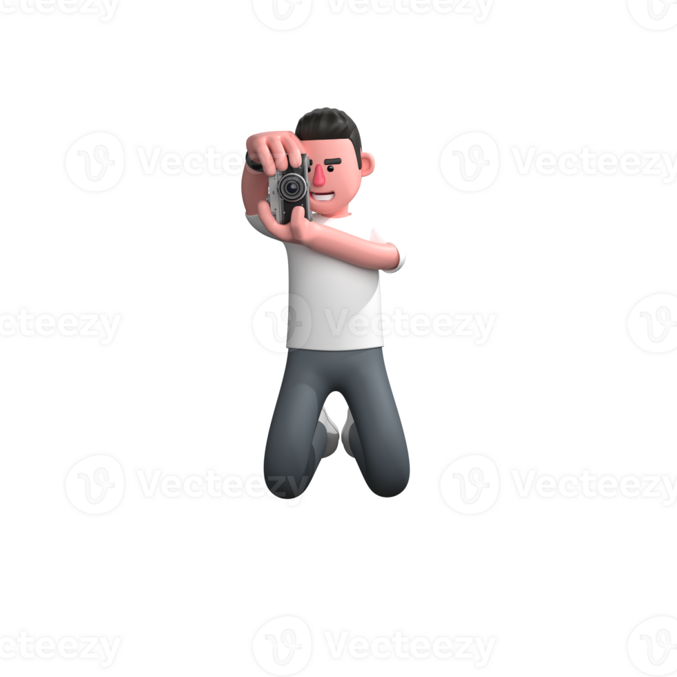 3D Cartoon of Male Photographer. A male photographer is kneeling holding a camera with both hands as if he is photographing an object in front of him. Professional png