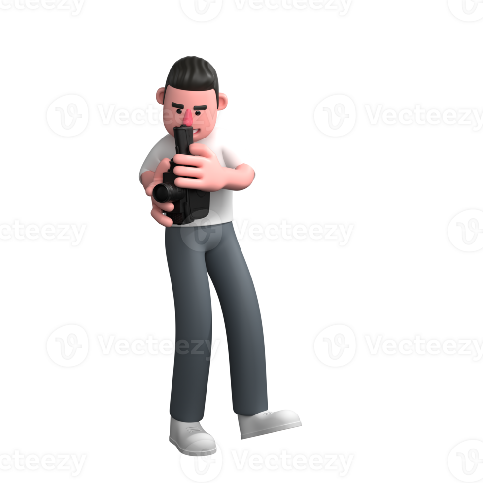 Photography Studio Expert in 3D. A male photographer is standing holding an analog film camera with both hands, with the camera pointing to the right and his eyes fixed on the camera. png