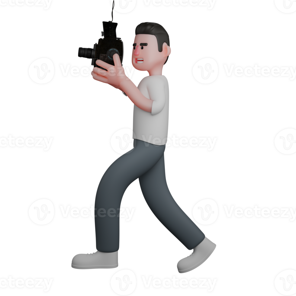Professional Male in 3D - Photographer. A male photographer walking while observing an analog camera held in both hands, as if he wants to capture the media that is moving. Cartoon png