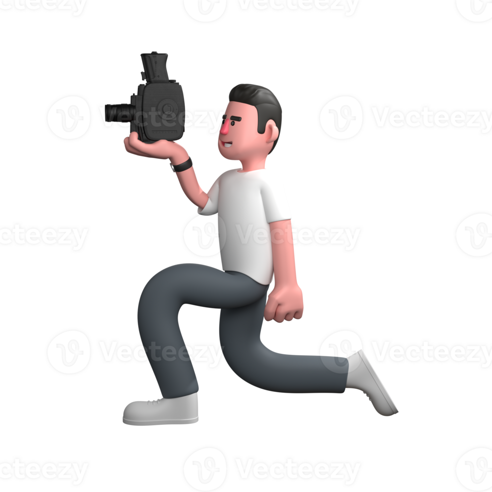 Professional Camera Operator Character . A male photographer is kneeling on one leg, while holding the camera in his right hand. 3D Male Model png