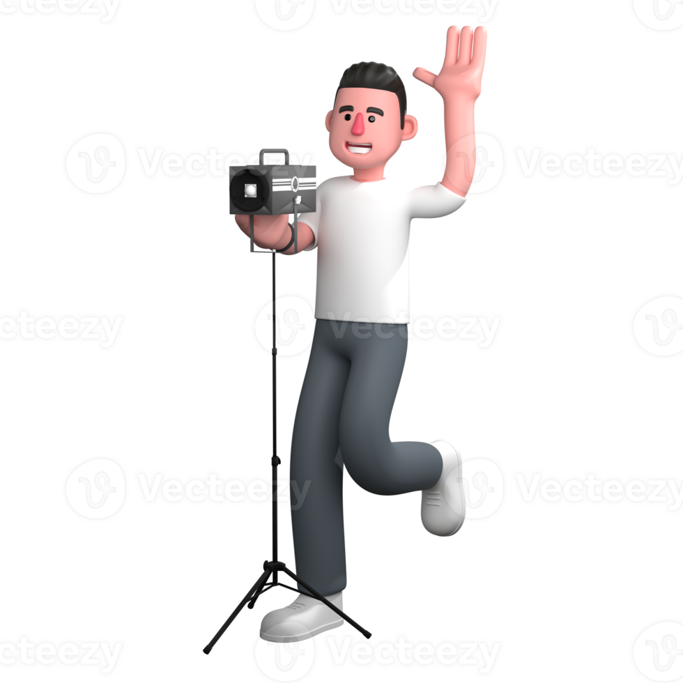 A male photographer is standing in front of a studio light with his left leg bent upwards while his right hand is holding a studio light while his left hand is raised in a waving gesture. png