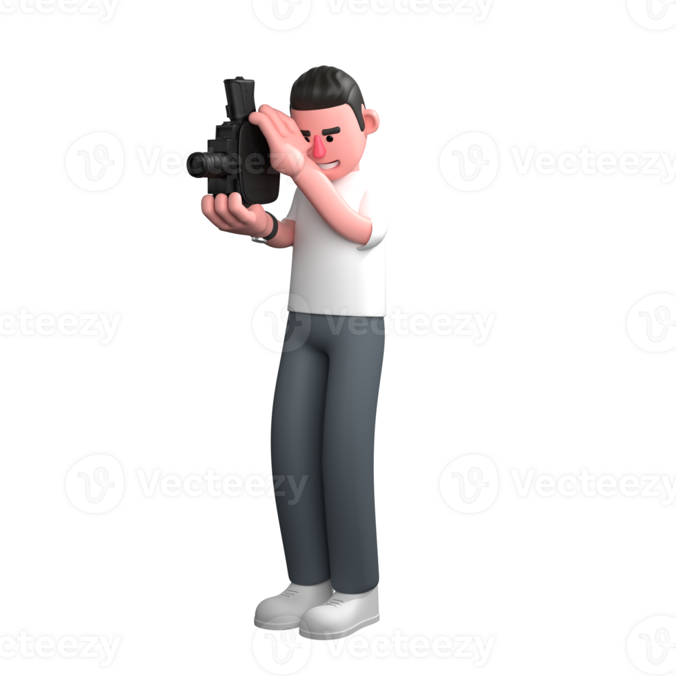 3D Male Photography Expert. A male photographer is standing with both hands holding an analog camera and his head slightly lowered looking through the camera lens. Illustrated Character png