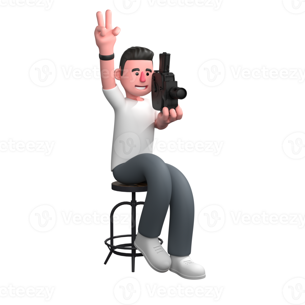Professional Male Photographer in 3D. A male photographer sits on a chair holding a camera with his left hand and raising his right hand with a two-finger symbol. Creative Media Character png