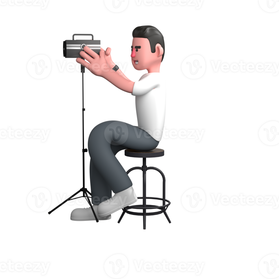 Professional 3D Photographer. A male photographer is sitting on a chair, with both hands holding a studio light in front of him. Male Media Expert png