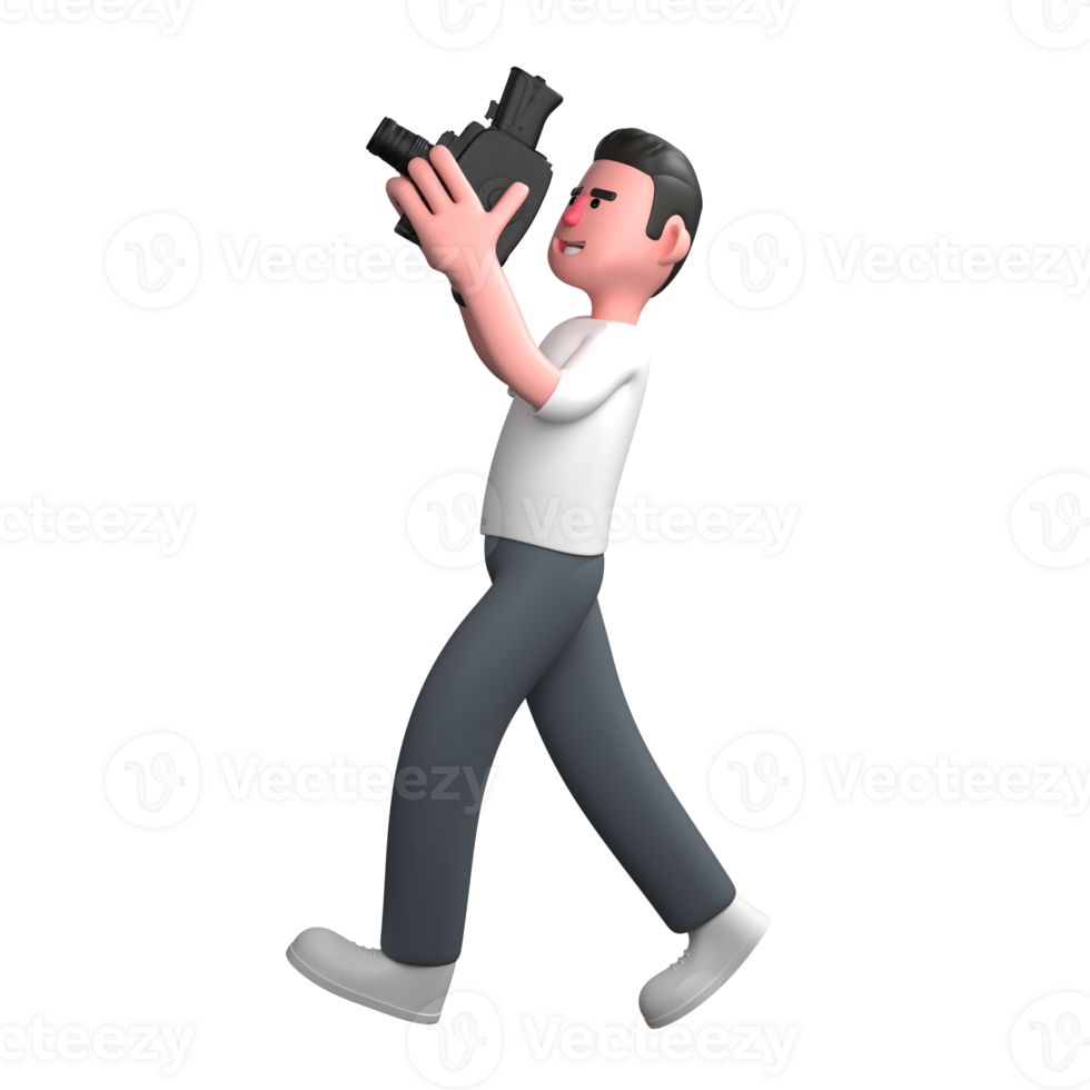 Illustrative 3D Male Photographer. A male photographer is walking while holding a camera with both hands, looking focused forward. Media Leader png