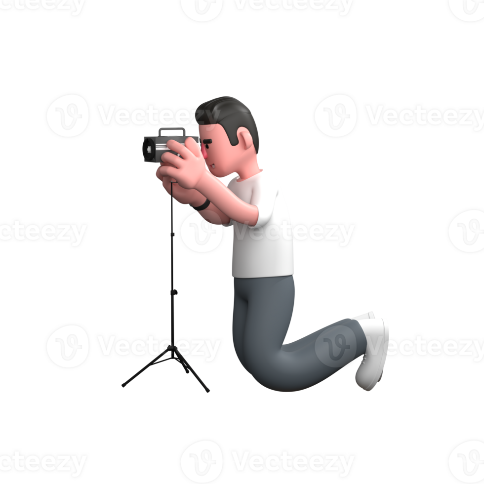 Animated Male Photographer. A male photographer is kneeling with both hands holding a light and his face is close to the light, as if focusing on the light or lighting equipment in front of him. png