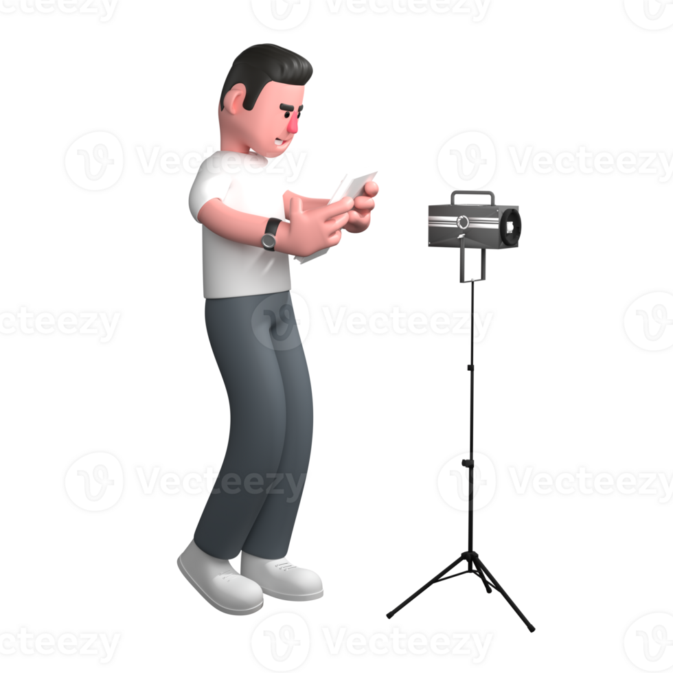 Male Photographer with Camera . A male photographer is standing in front of a studio light attached to a tripod and both hands holding a tablet or small screen. png