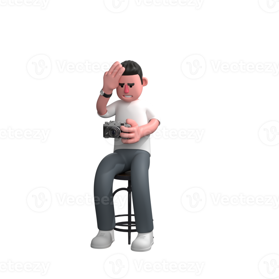 Professional 3D Media. A male photographer is sitting with his left hand holding a camera while his right hand is holding his head. Male png