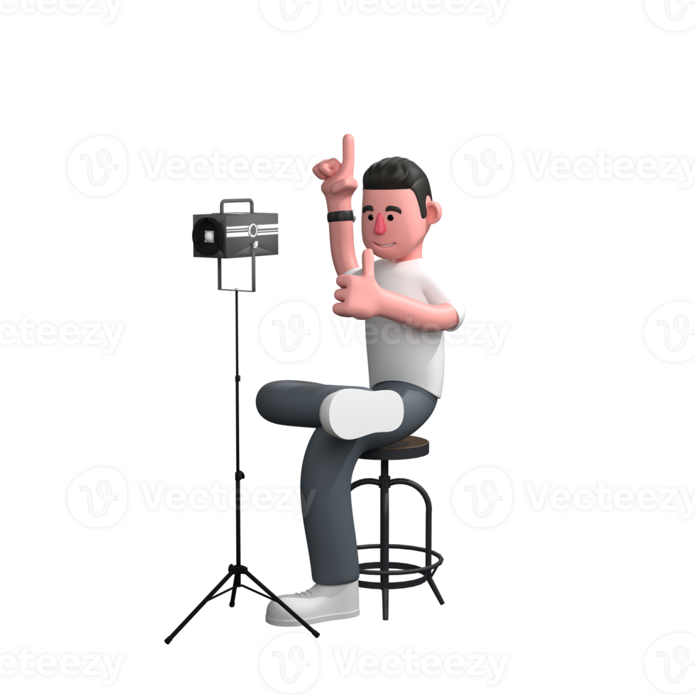 Professional Male Media Character. A male photographer is sitting behind a studio light with his right hand pointing up while his left hand is sticking out his thumb. 3D Photographer png