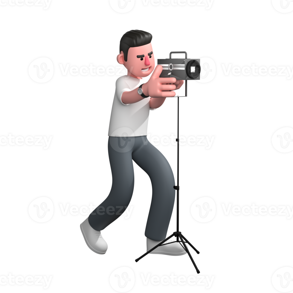 3D Media Character. A male photographer is standing with both hands holding a studio light mounted on a tripod, with his body leaning slightly forward. Male Photographer png