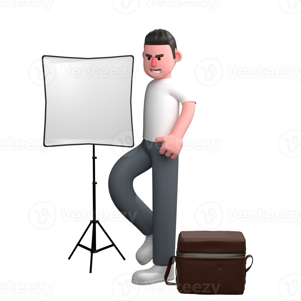 Illustrated Media Expert. a male photographer is standing next to a camera bag and a reflector with his left hand on his waist and his right leg slightly bent. 3D Male Photographer png