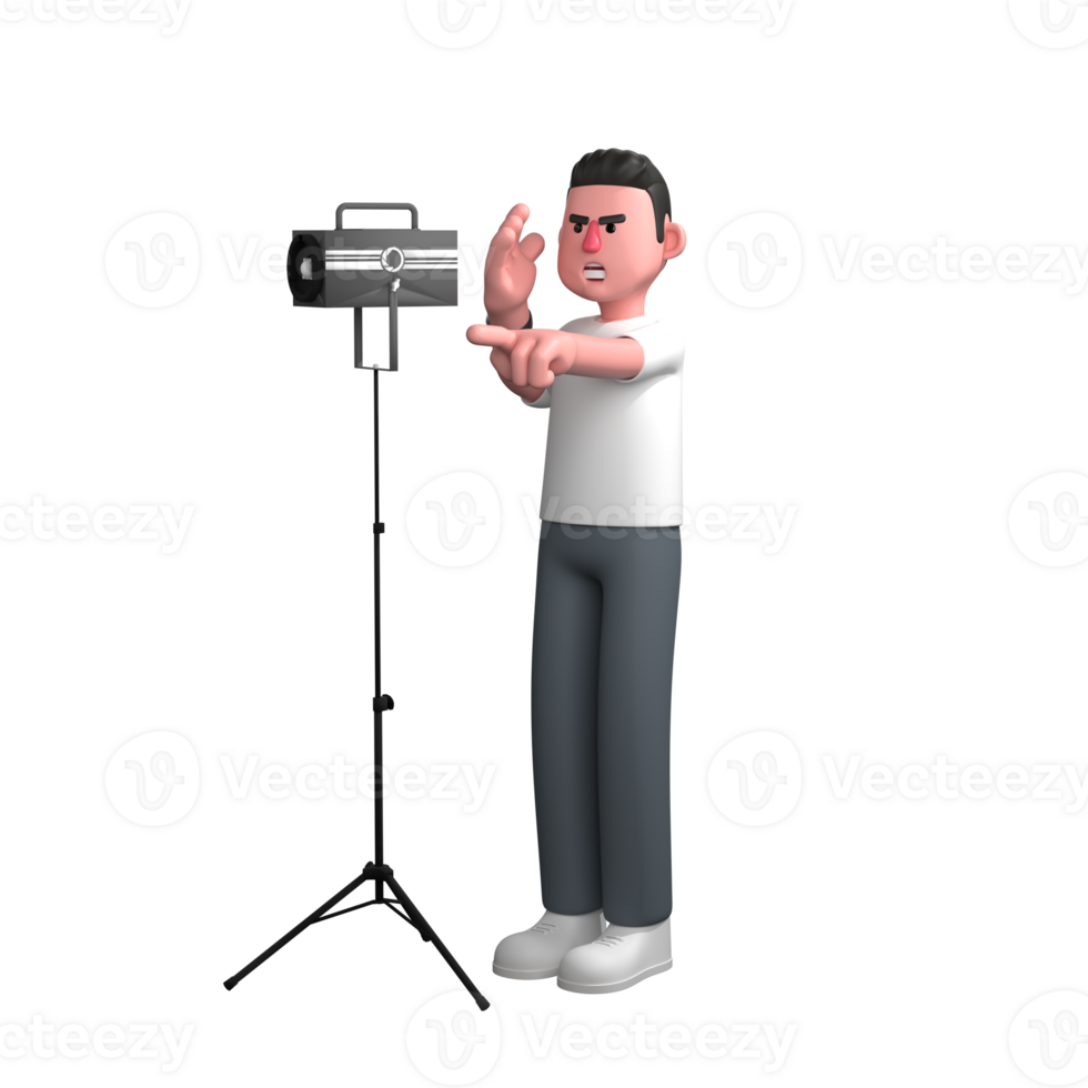3D Illustrative Male Photographer. A male photographer is standing next to a studio light with his left hand pointing forward while his right hand is next to his face. Media Professional png