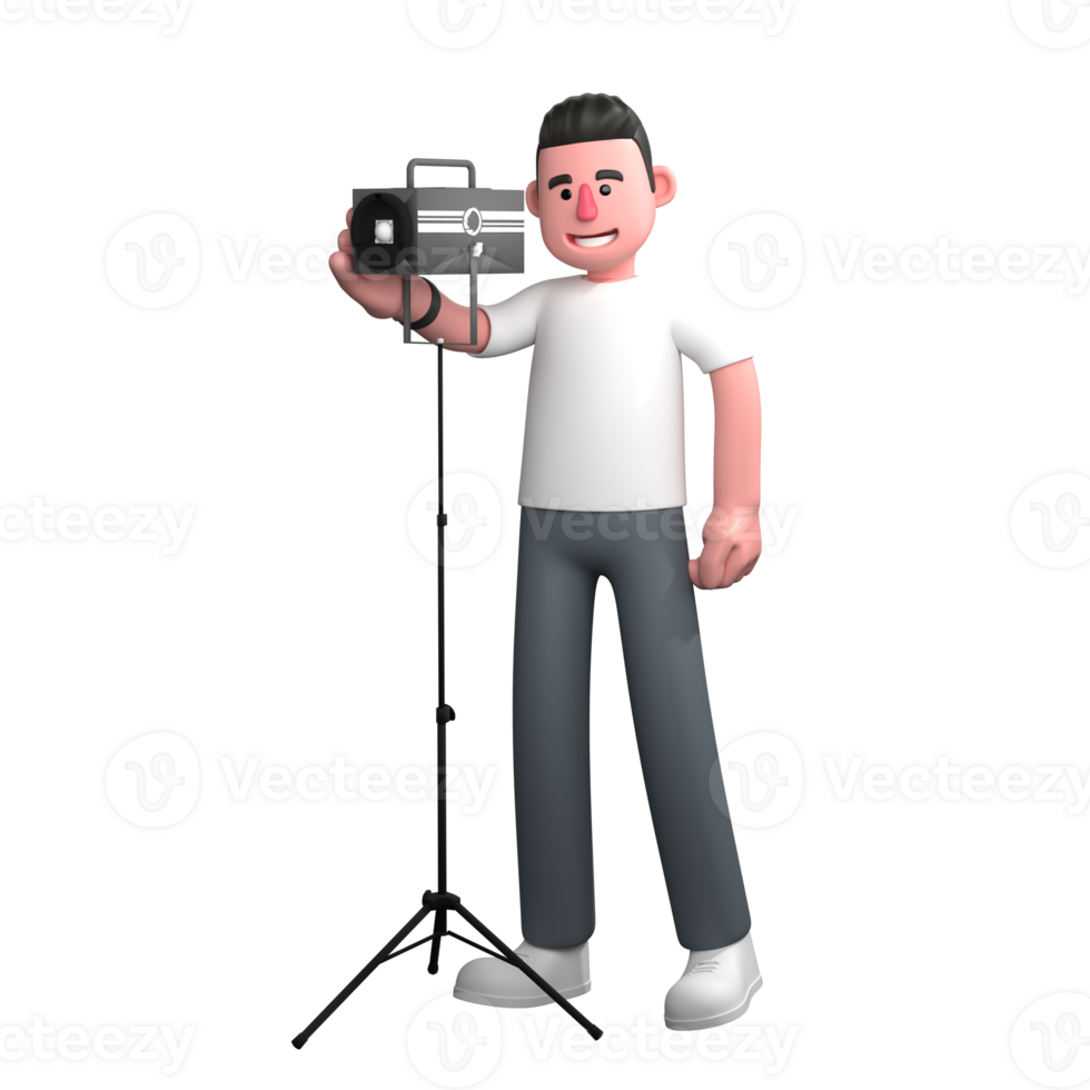 Male Photographer 3D Model. A male photographer is standing next to a large studio light with his right hand holding the studio light. Dynamic Photo Environment png