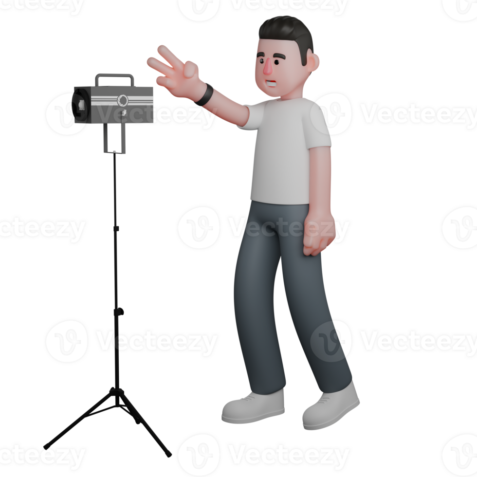 of Professional Male Photographer. A male photographer standing behind a studio light with his right hand raised giving a 3-finger symbol, as if giving a signal for the time to be determined. Media png
