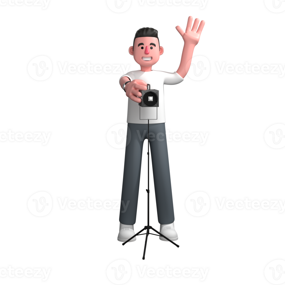 Male Media Professional in 3D. A male photographer is standing behind the studio lights which he is holding with his right hand and his left hand extended upwards. Photographer Cartoon png