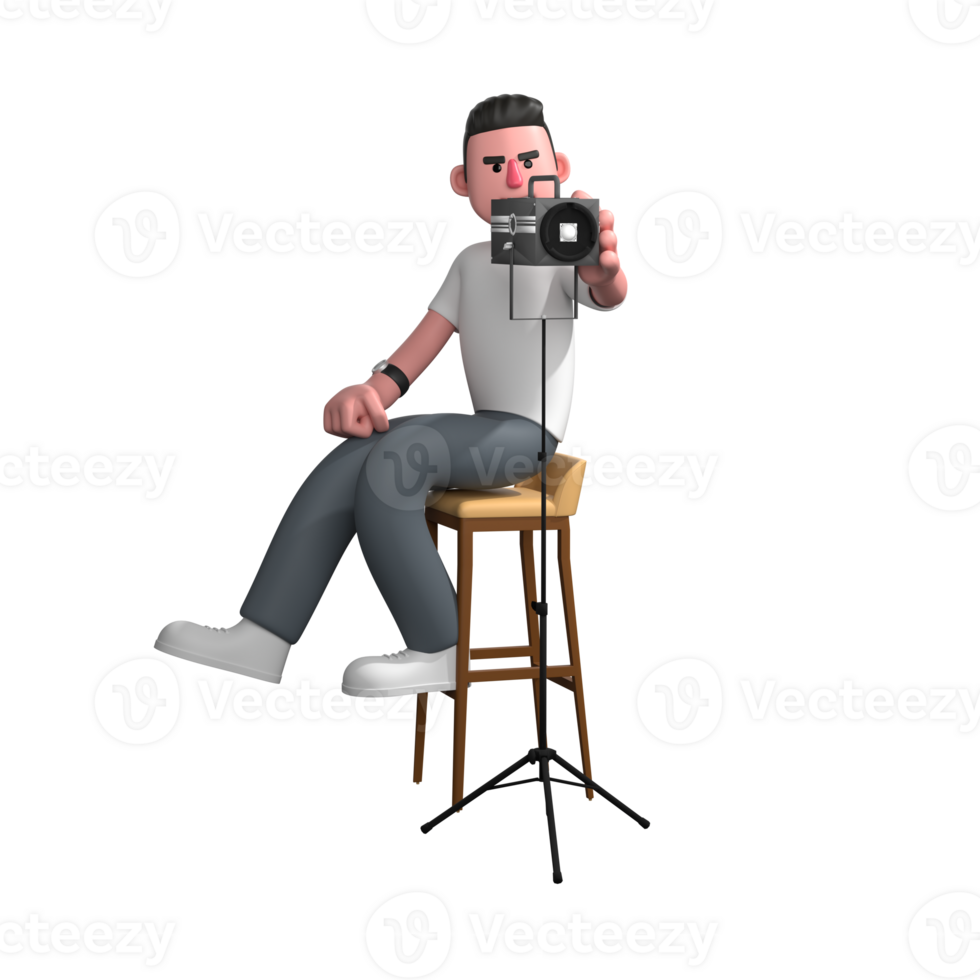 Professional 3D Male Media Photographer. A male photographer is sitting on a high chair holding a camera in front of his face. Cartoon png