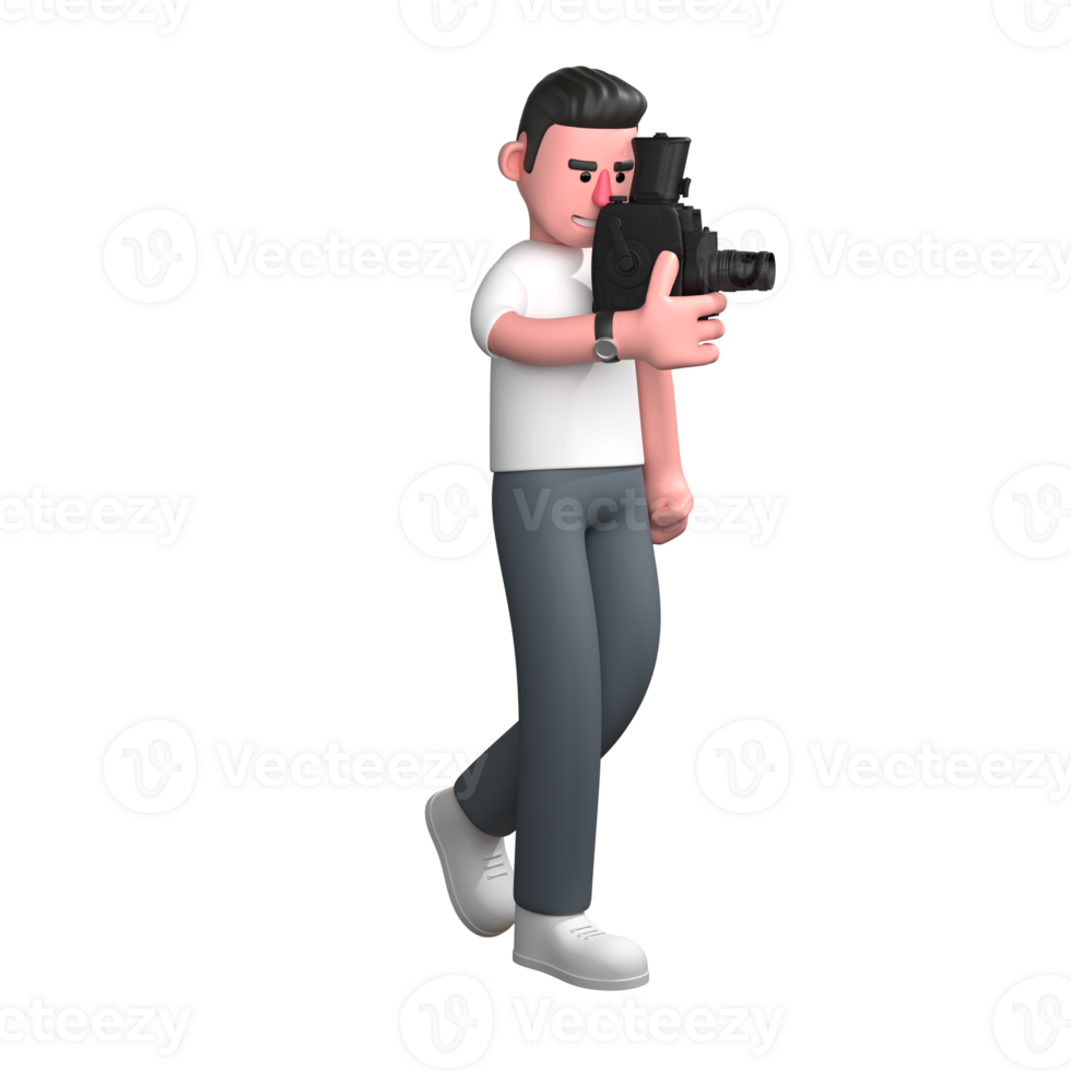 3D Animated Photographer. A male photographer is walking while holding a camera with his left hand, as if focusing on the object in front of him. Male Media Figure png